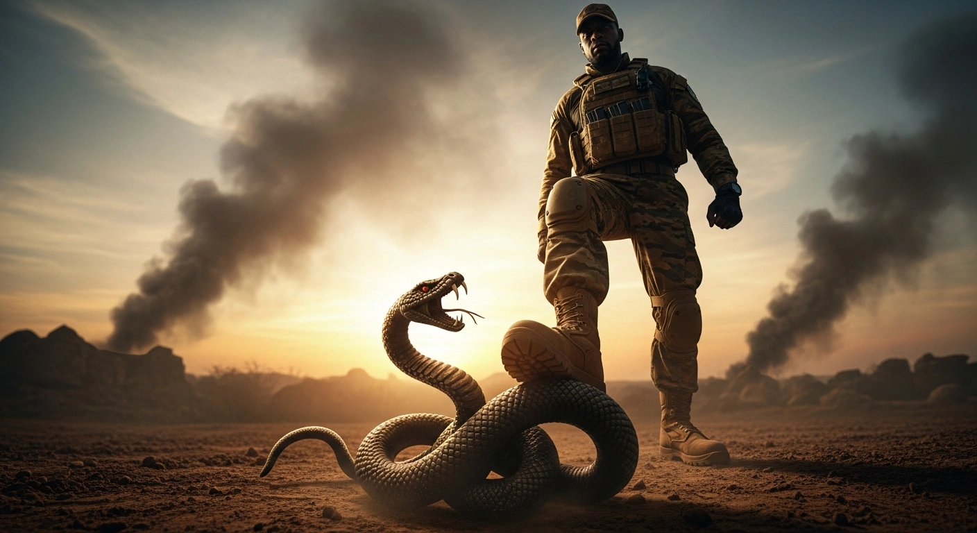A military leader, silhouetted against a smoke-filled sunset, stands with an armored boot crushing the head of a coiled serpent in the foreground, symbolizing President Bola Tinubu's decisive order to confront new armed groups like JNIM in Nigeria after a soldier was killed, addressing the existential threat to national security.