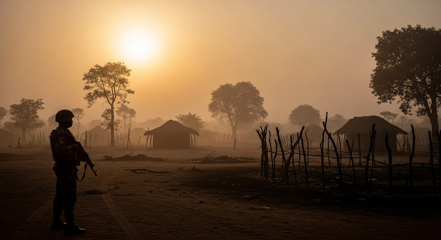 A wide shot at dawn shows a heavily armed security force member surveying the charred remains of huts in a rural Nigerian village, depicting the aftermath of a Lakurawa militant attack in Kebbi State that killed 33 people.