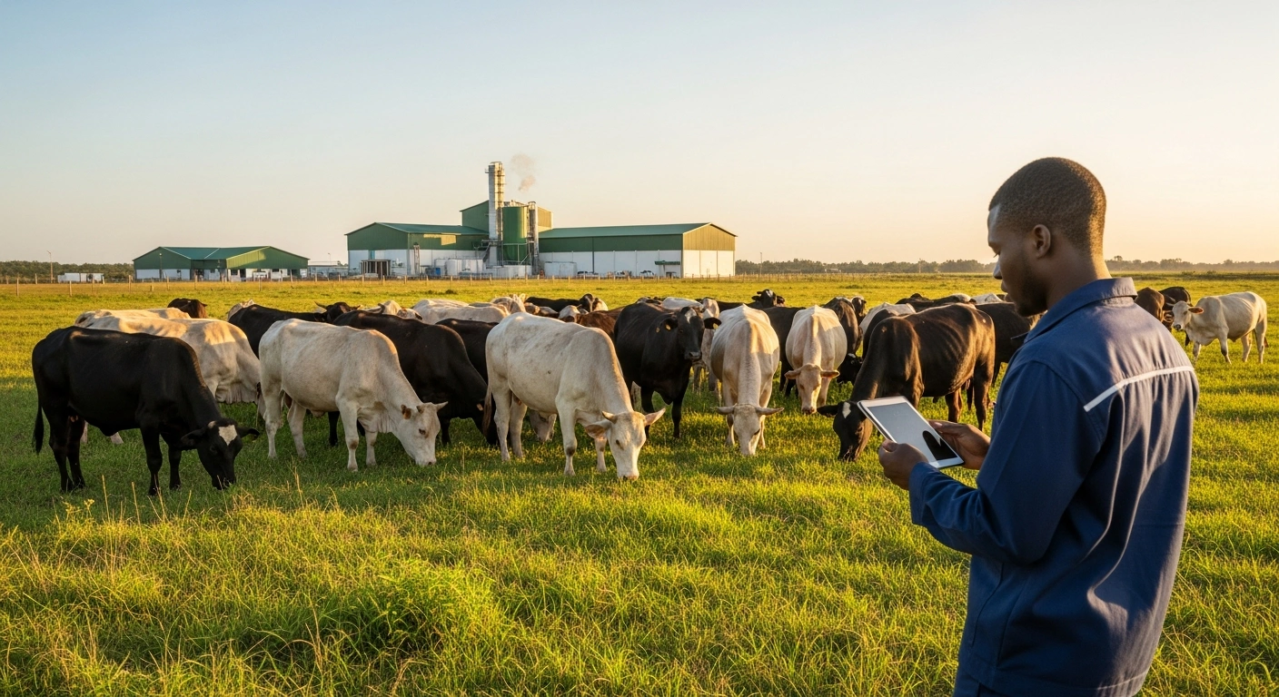A modern Nigerian livestock farm with healthy cattle grazing in a green field as part of the national livestock sector development plan.
