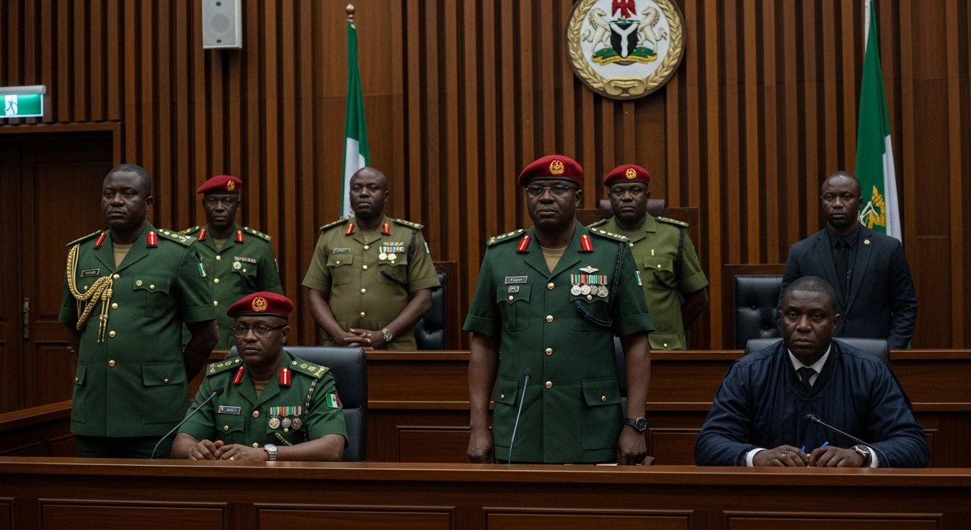 A group of stern-faced Nigerian military officers in crisp uniforms stand accused in a dimly lit, imposing courtroom, facing trial for allegedly plotting to overthrow President Bola Tinubu's government.