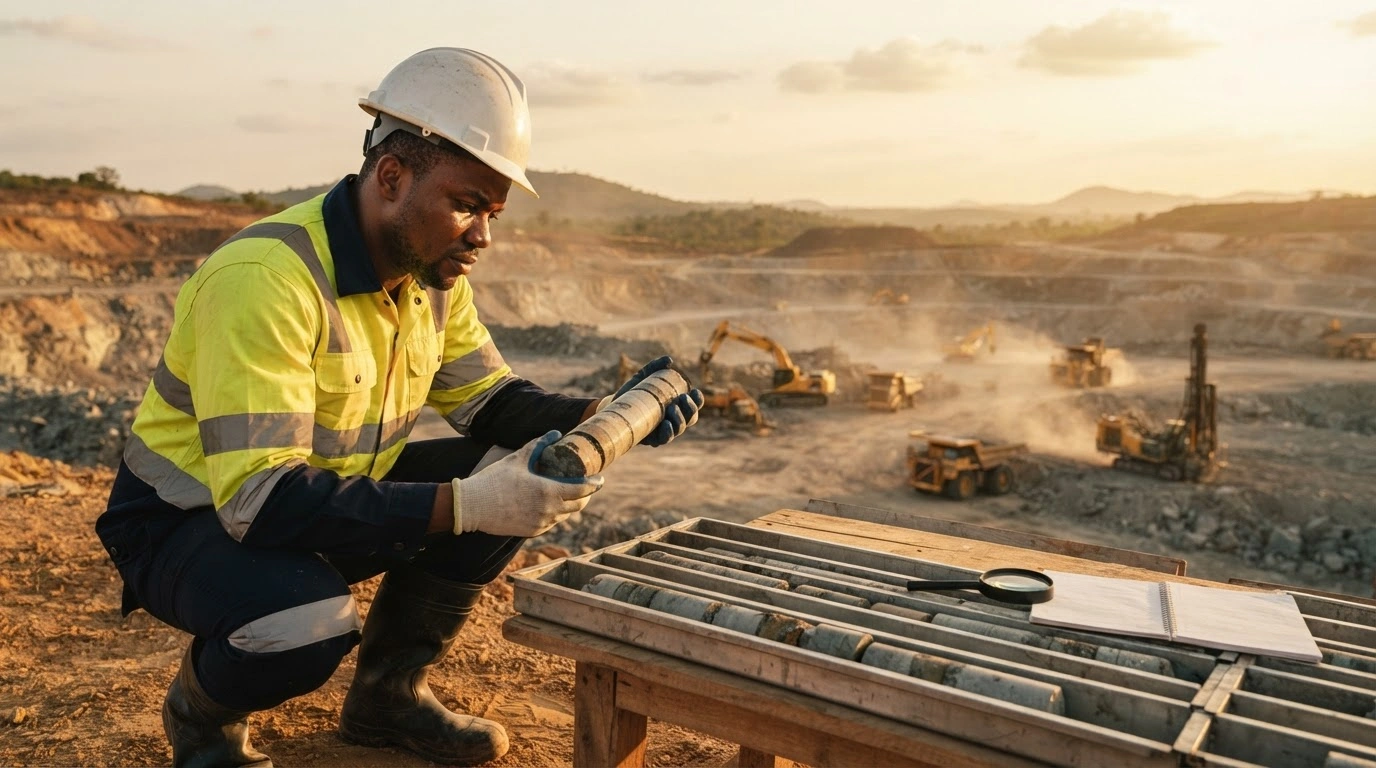 A geologist examines a mineral sample at a Nigerian mining site supported by the Solid Minerals Development Fund grant program.
