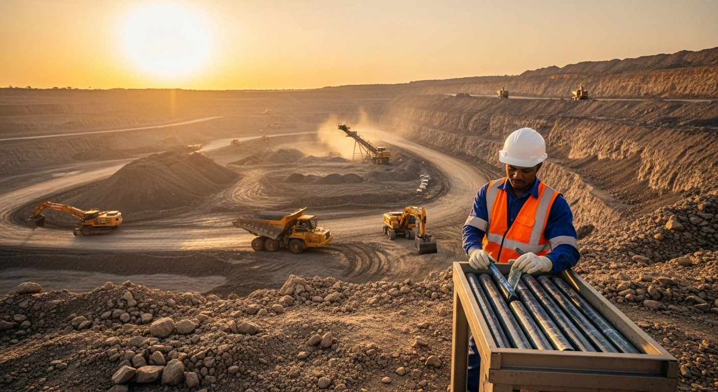 A geologist inspects mineral samples at a large-scale mining site in Nigeria, representing the country's recent influx of foreign direct investment.