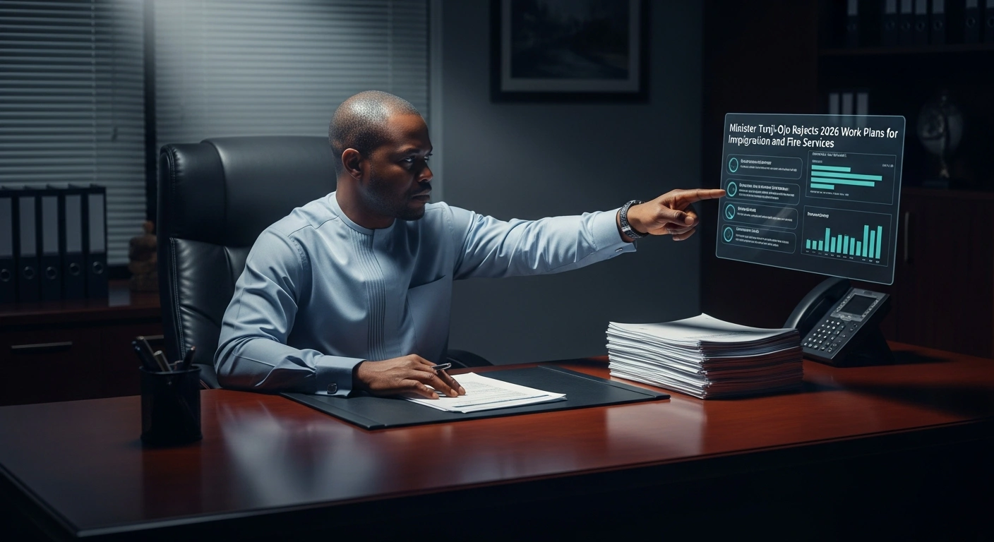 Nigeria's Minister of Interior Olubunmi Tunji-Ojo reviews official documents in his office while demanding improved performance strategies from government agencies.