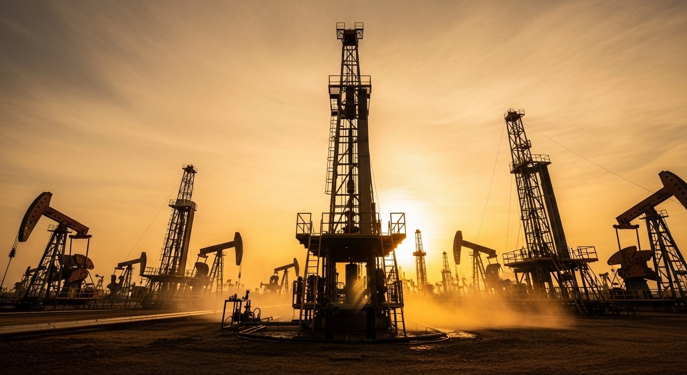 A cinematic low-angle shot captures a sprawling Nigerian oil field at golden hour, with numerous active drilling rigs silhouetted against a vibrant sky, symbolizing the nation's increased crude oil output and revitalized petroleum sector due to reforms.