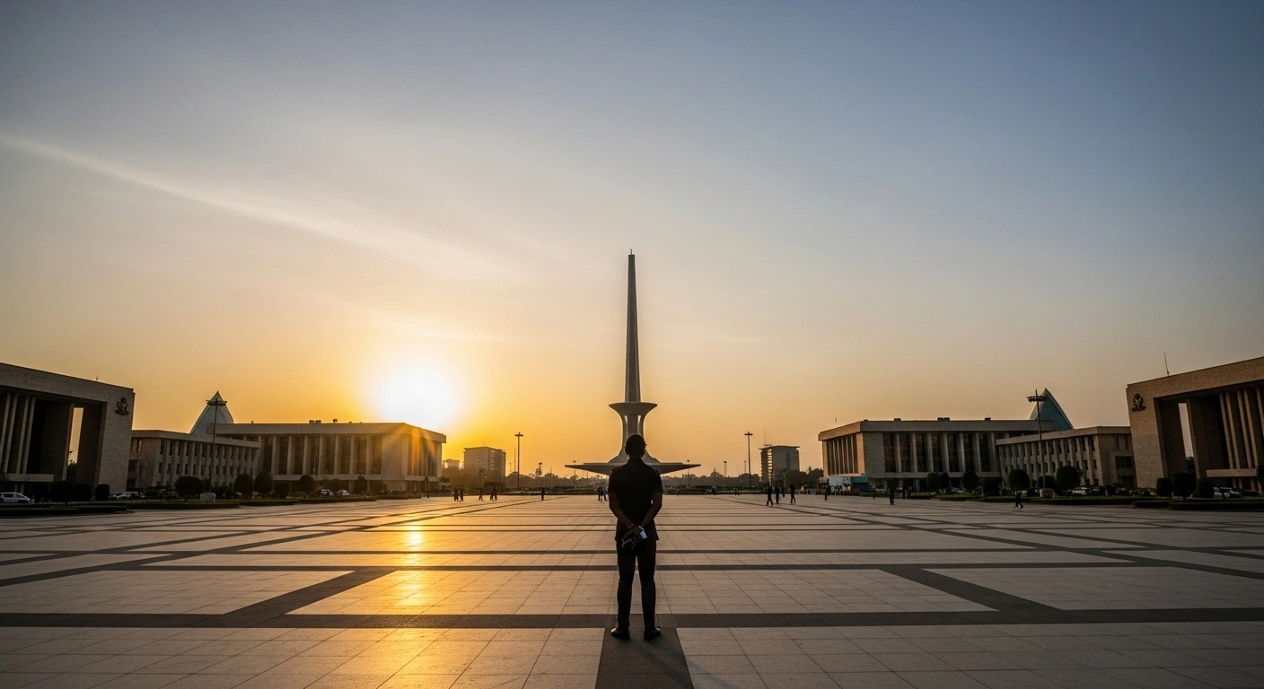 A wide, low-angle shot at dusk captures the vast, empty Eagle Square in Abuja, Nigeria, where the traditional Independence Day parade for the nation's 65th anniversary was canceled, with golden light illuminating the surrounding government buildings.