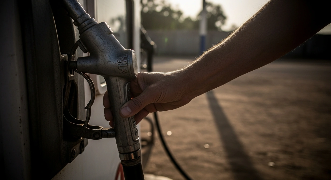 A weathered hand slowly releases its grip on a vintage petrol pump handle, symbolizing the Nigerian Federal Government's decision to postpone the 15 percent import duty on petrol and diesel until 2026, following public criticism over potential fuel price increases and economic hardship.