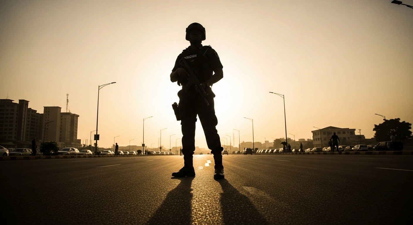 A Nigerian police officer stands in a city street as part of a national effort to curb the proliferation of illegal weapons and maintain public order.