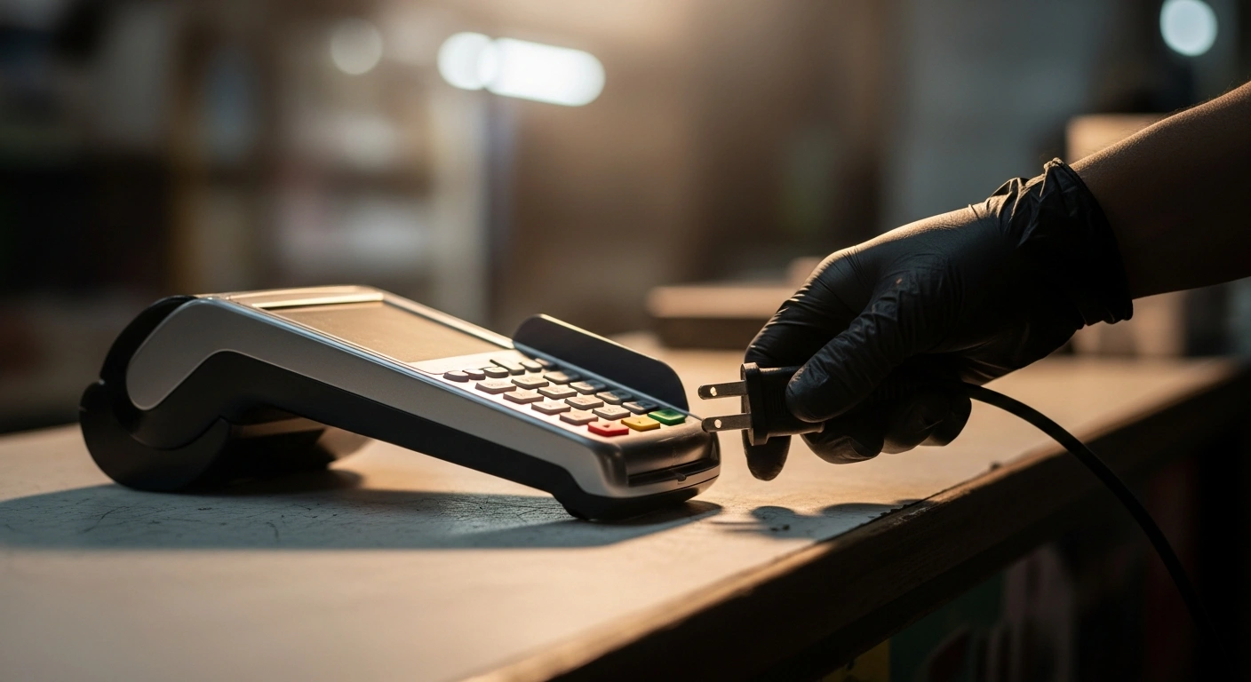 A gloved hand is shown in a close-up, low-angle shot, unplugging a dark, modern Point-of-Sale (PoS) terminal from a dimly lit counter, symbolizing Nigeria's Corporate Affairs Commission's (CAC) nationwide clampdown on unregistered operations to curb financial risks.