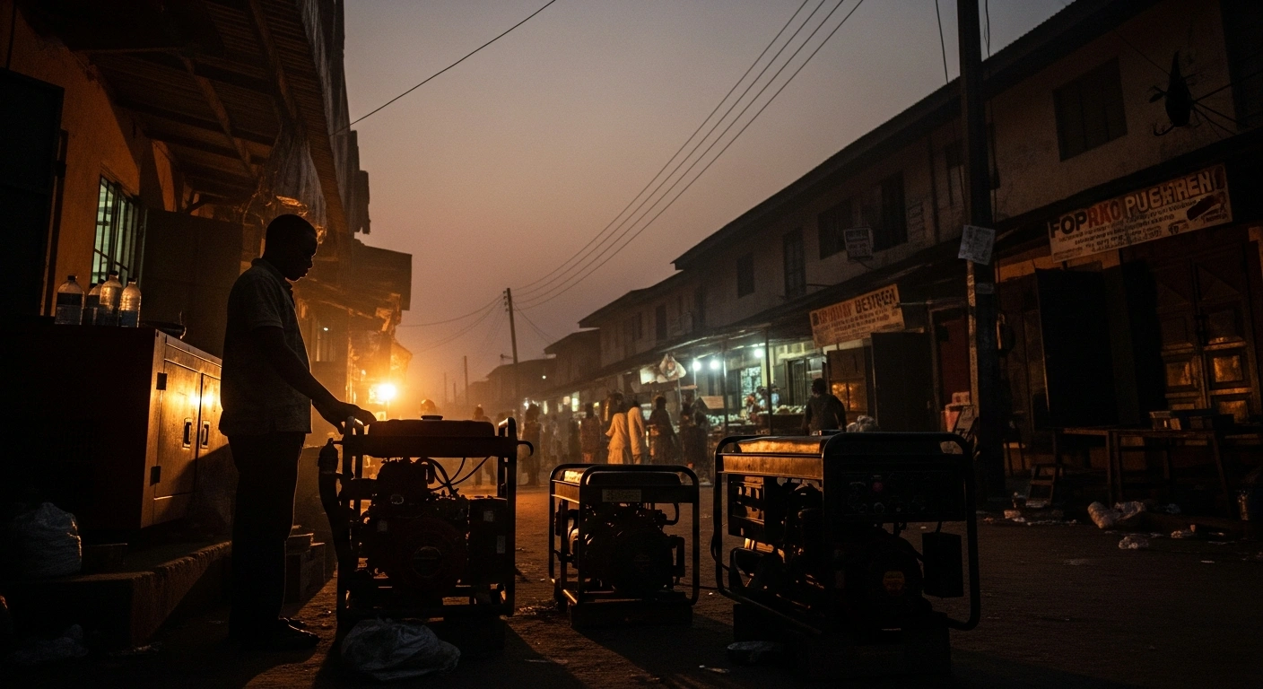 A small business owner operates a diesel generator on a dark Nigerian street during a widespread national power grid collapse.