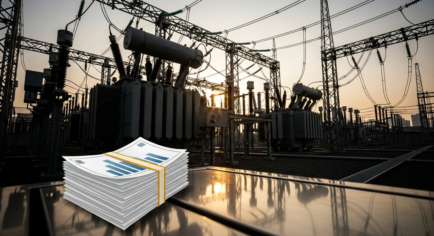 A modern electrical substation stands in the background as financial documents represent the Nigerian government's 4 trillion naira bond program to settle power sector debts.