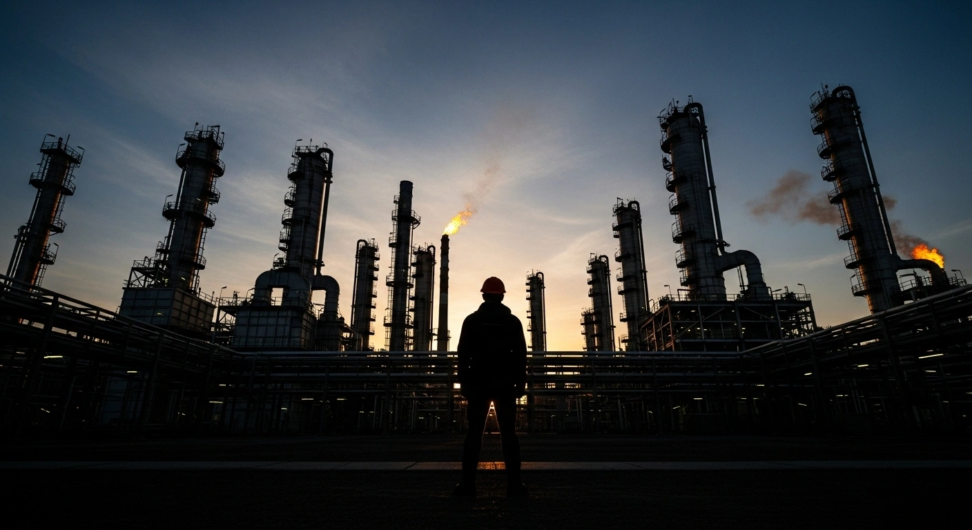 A lone, silhouetted figure stands in the foreground, facing a sprawling oil refinery at dusk, representing the dispute between PENGASSAN and Dangote Refinery regarding the termination of Nigerian workers and the halt of crude and gas supplies, threatening national fuel and power crises.