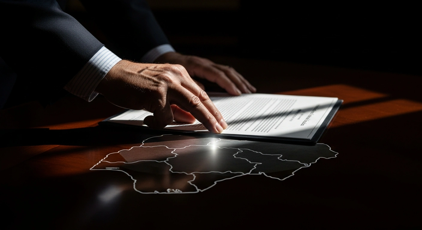 A weathered hand places an official document onto a dark table, subtly illuminating a faint map of Nigeria, symbolizing the 'Nigeria Religious Freedom and Accountability Act of 2026' introduced by US Representatives Chris Smith and Riley Moore to combat Christian persecution and mass atrocities and assess compliance with international religious freedom standards.