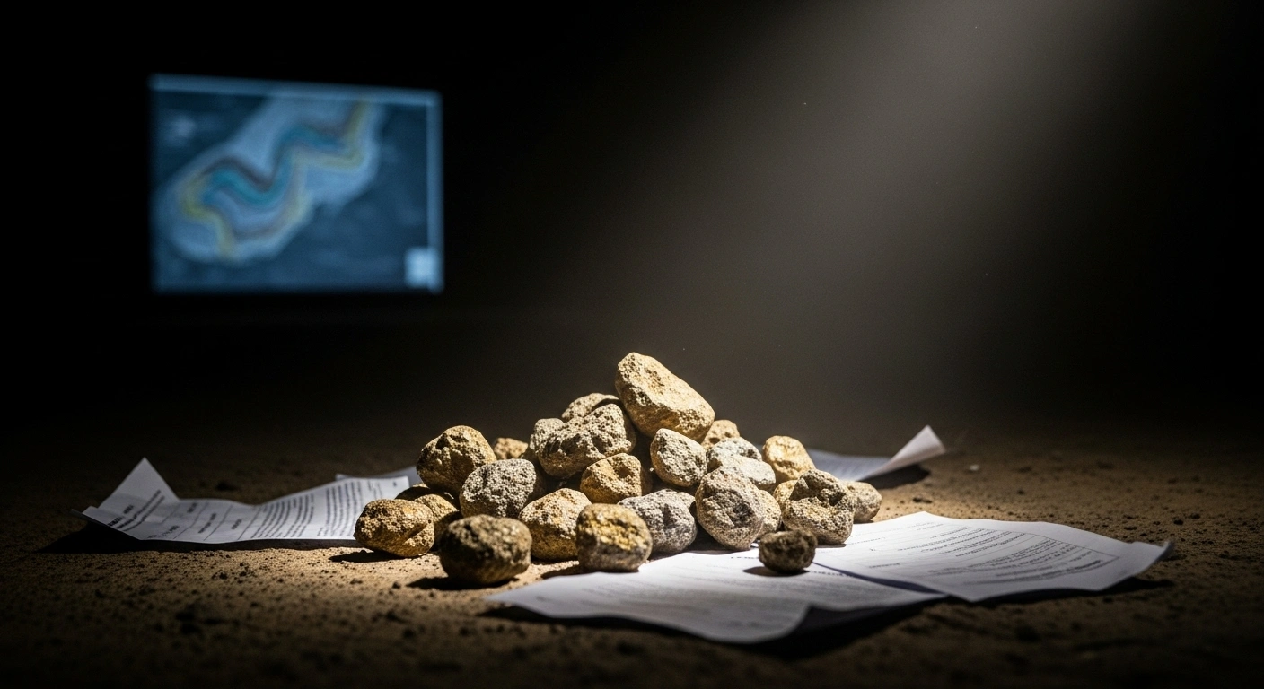 A low-angle, chiaroscuro photograph depicts a beam of light illuminating discarded, tarnished mineral rocks and crumpled official documents on a dusty floor, with a blurred, pristine geological survey map in the background, representing Nigeria's federal government's action to revoke mineral licenses and attract serious investors to the solid minerals sector.