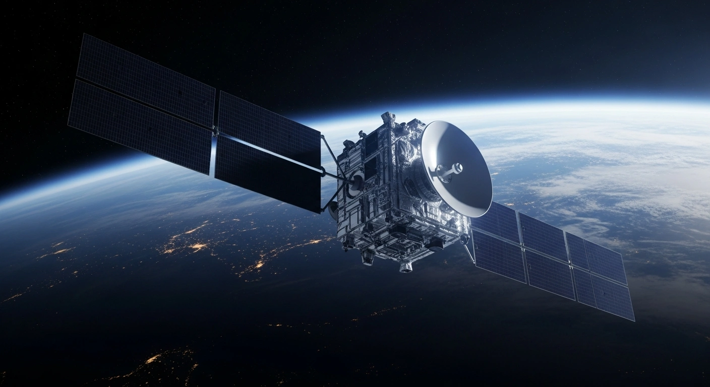 A communications satellite orbits above the Earth, representing the financial dispute between China Great Wall Industry Corporation and Nigeria Communications Satellite Limited.