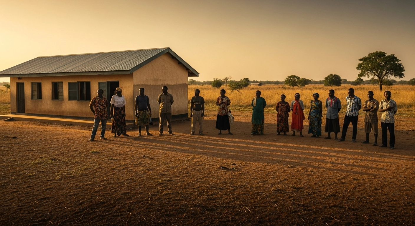Community members gather in a rural Nigerian landscape as the government works to secure the release of schoolchildren and teachers held captive by armed groups.