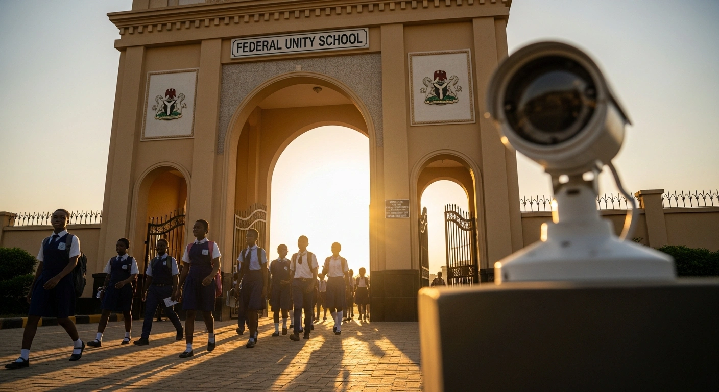 Young students in uniforms are seen entering a reopened Federal Unity School in Nigeria during golden hour, with subtle security measures visible, symbolizing the government's efforts to ensure student safety and academic continuity.