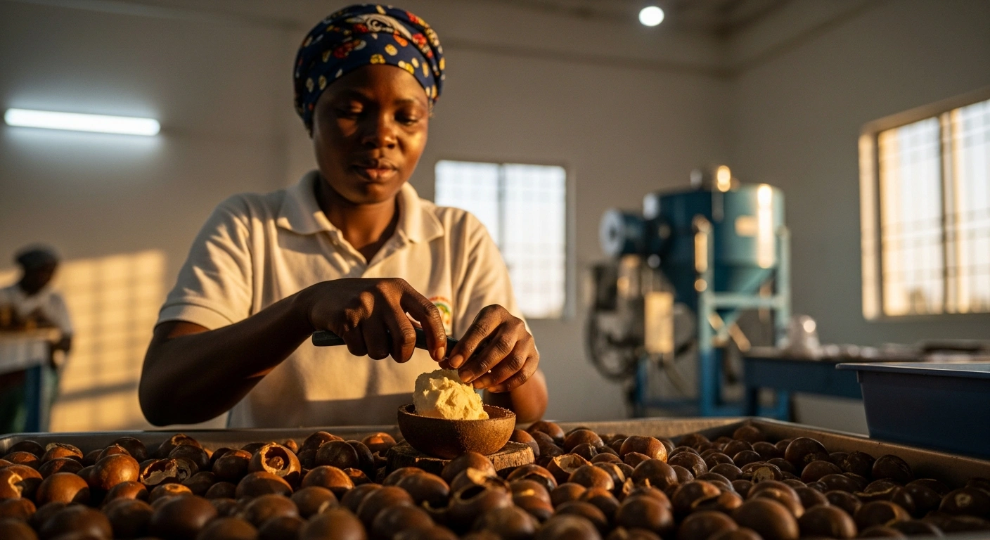 A close-up shot depicts skilled Nigerian hands processing raw shea nuts into shea butter within a modern local facility, symbolizing the nation's focus on domestic value addition and improved livelihoods following President Tinubu's extension of the raw shea nut export ban.