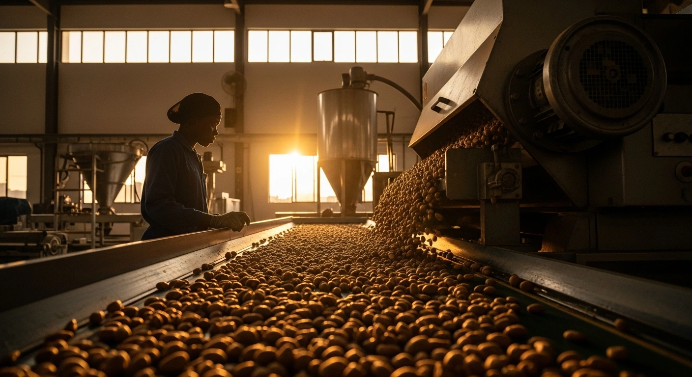 A modern Nigerian shea processing facility is illuminated by golden hour light, depicting shea nuts on a conveyor belt moving towards industrial machinery under the watchful eye of a skilled worker, symbolizing Nigeria's commitment to enhancing domestic processing, adding value, and strengthening industrial capacity in the shea value chain, following President Bola Tinubu's extension of the raw shea nut export ban.