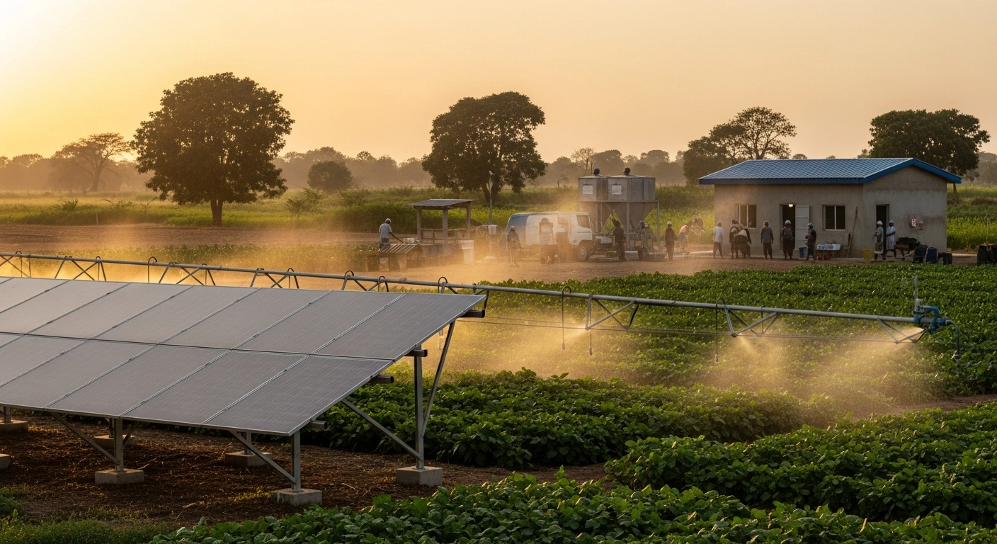A solar-powered mini-grid installation provides electricity for irrigation and processing equipment at a rural agricultural farm in Nigeria to improve food security.