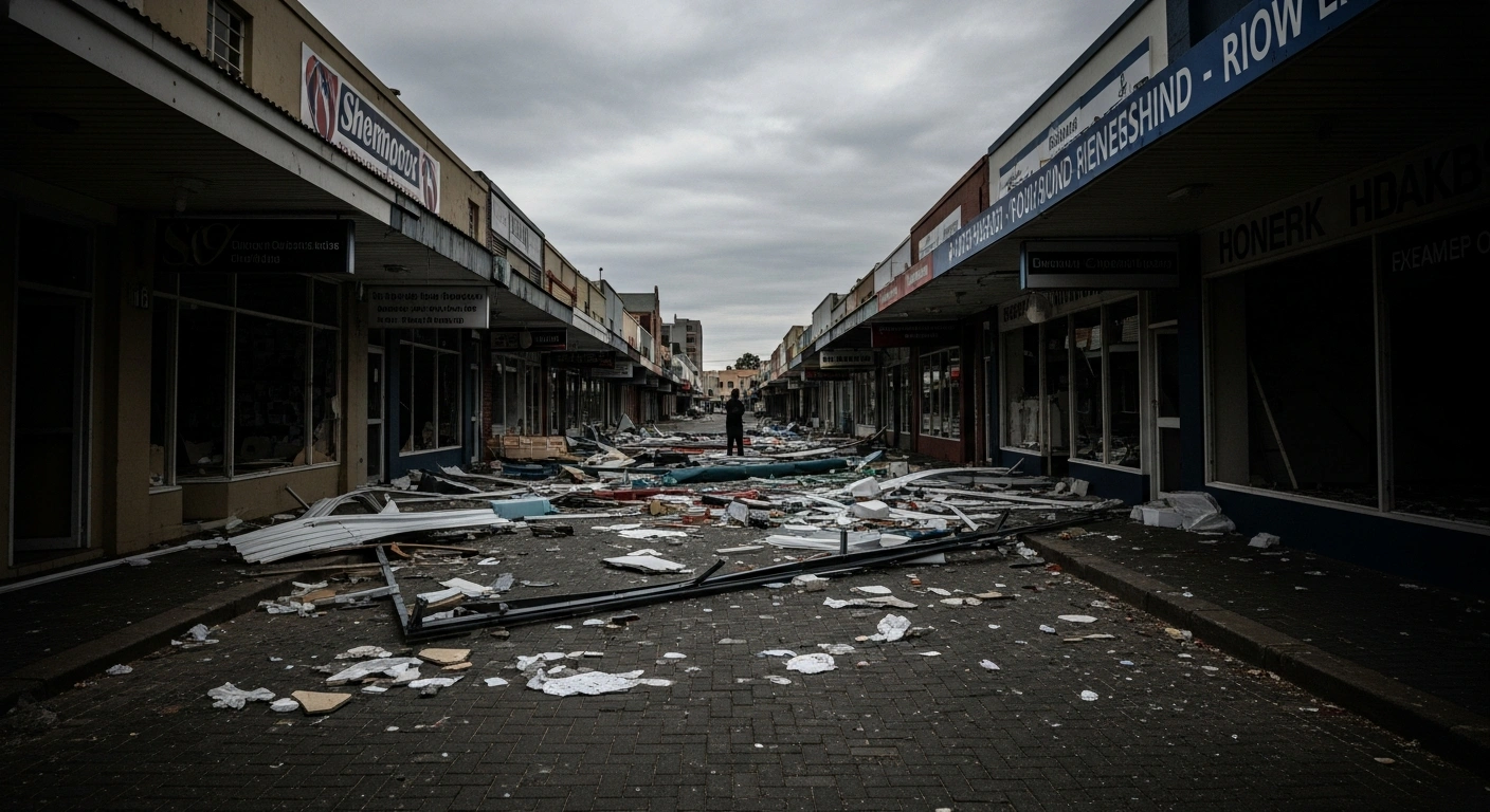 A ruined storefront in South Africa represents the aftermath of anti-immigrant violence that has led the Nigerian government to request compensation for its citizens.
