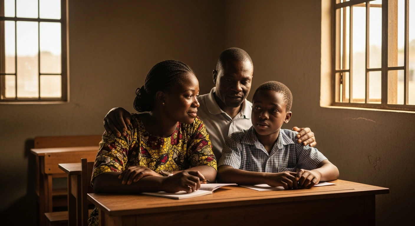 A Nigerian parent and student share a moment of relief after the government suspended the planned increase in WASSCE and NECO examination fees.