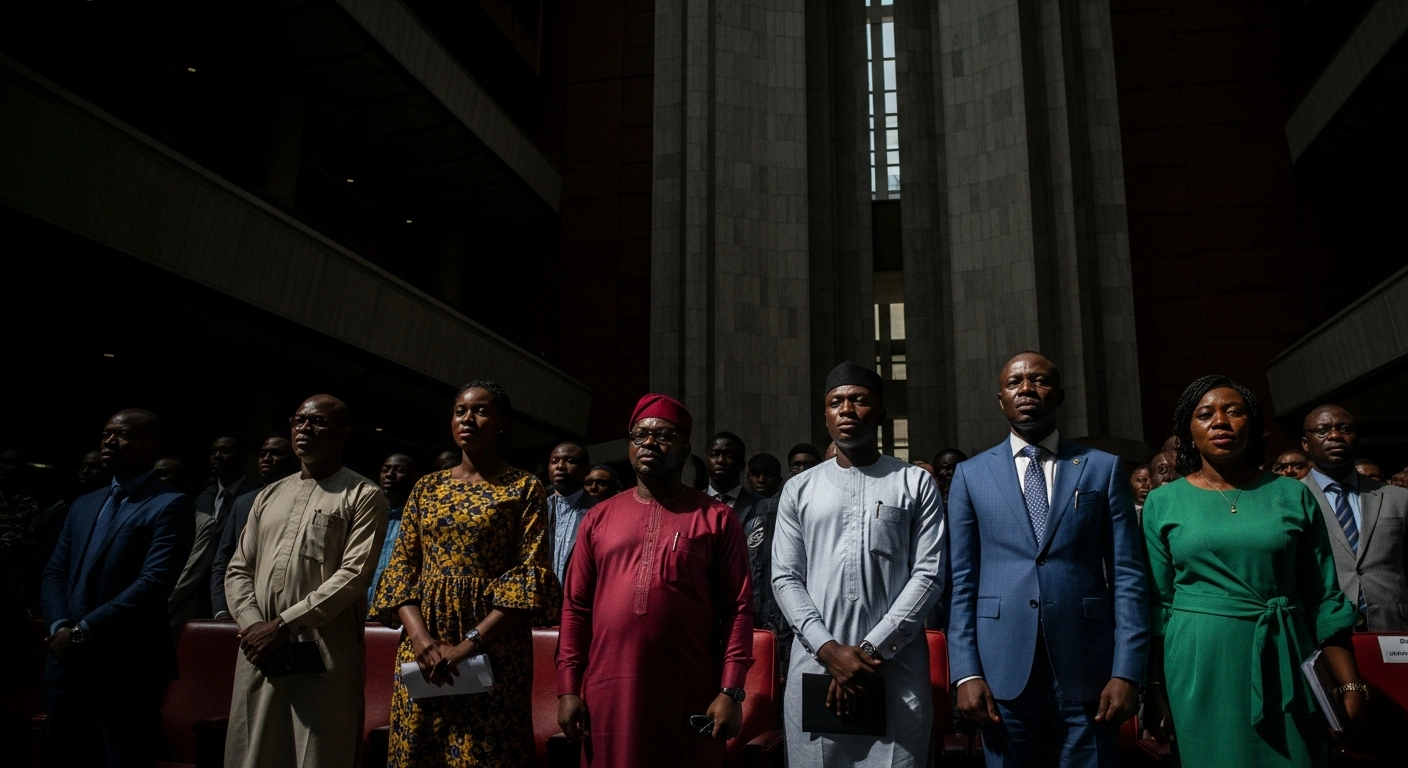 A diverse group of Nigerian citizens, including students and politicians, stands united in a grand, dimly lit hall, symbolizing their intensified opposition to Nigeria's new tax laws and calls for their suspension and a court challenge.
