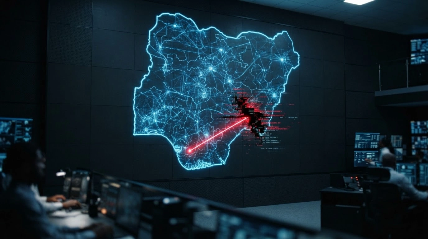 A digital visualization of a telecommunications network map in Nigeria showing a red signal being intercepted by a glitching interference pattern to represent illegal call masking.