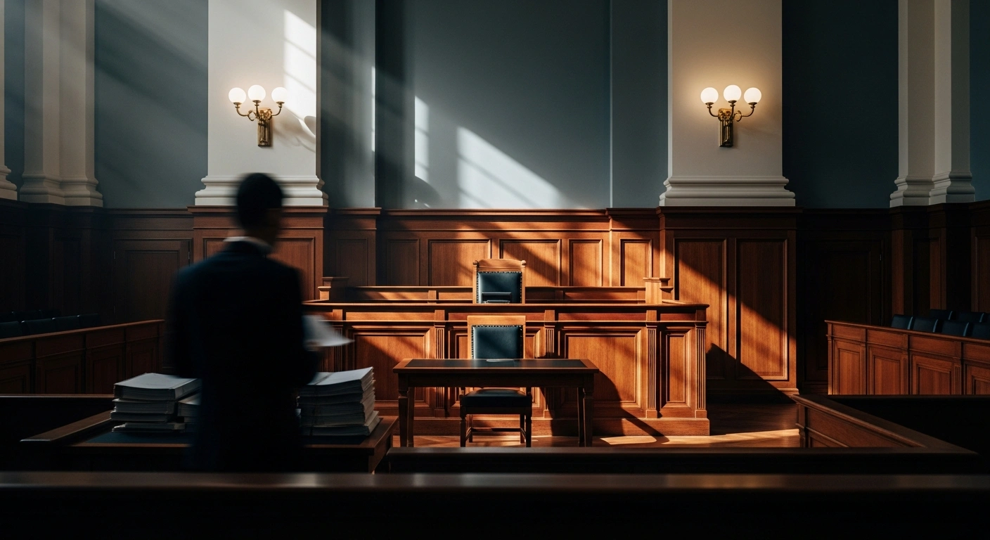 The interior of a grand courtroom in the Federal High Court of Nigeria where a landmark judgment regarding telecommunications and financial regulation is expected.