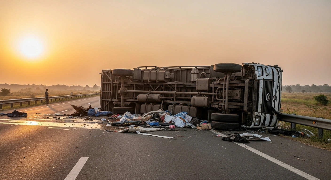 An overturned and heavily damaged canter truck lies on the shoulder of a desolate expressway in Nigeria at dawn, with debris scattered around the wreckage, depicting the aftermath of a tragic accident.