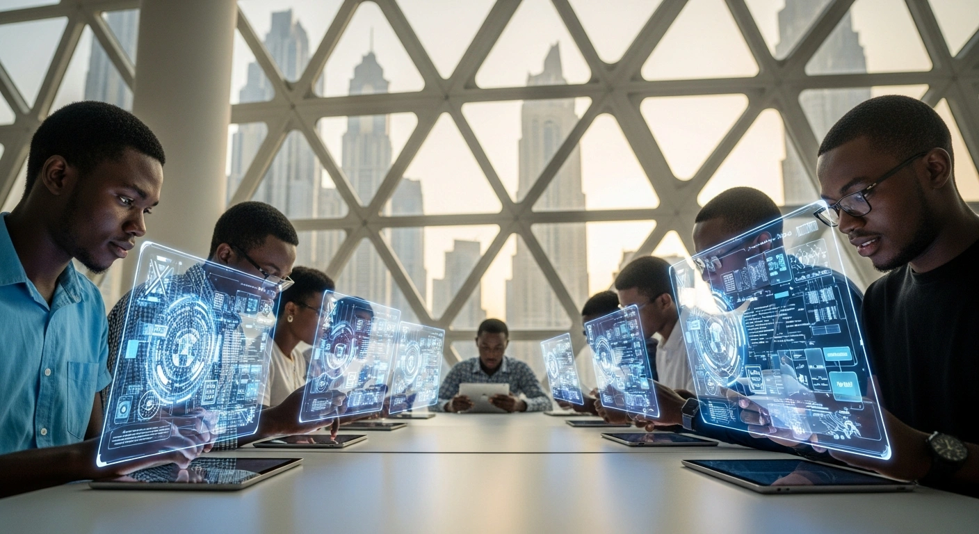 A diverse group of Nigerian youth are engaged in a modern digital learning environment, illuminated by tablets and holographic projections, symbolizing the partnership between Nigeria and the United Arab Emirates to enhance digital education and skills development.