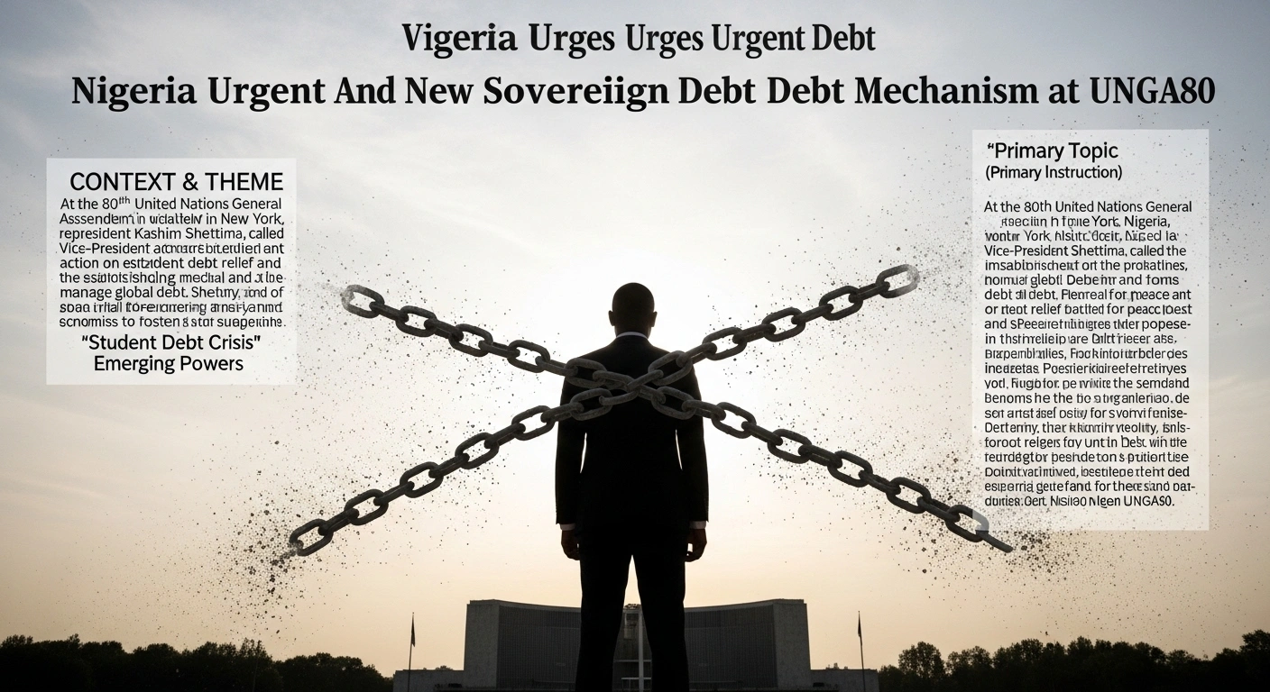A figure stands silhouetted against a grand, subtly lit architectural backdrop, with symbolic chains falling from their shoulders, dissolving into a golden light on the horizon, representing the urgent call for sovereign debt relief and a new global debt mechanism by Nigeria's Vice-President Kashim Shettima at the United Nations General Assembly.