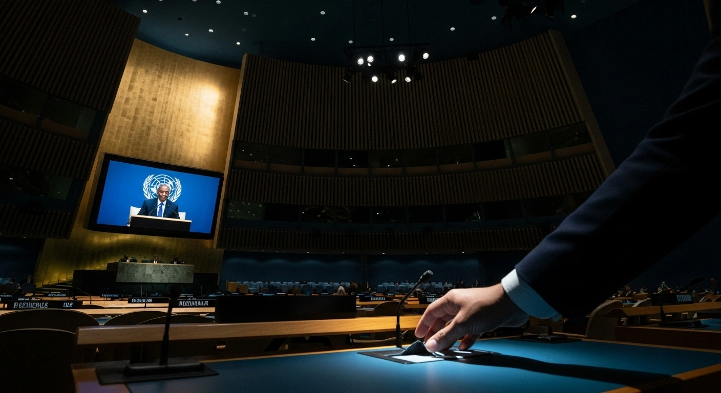 A large, dimly lit assembly hall features a screen displaying the silhouette of Palestinian President Mahmoud Abbas, symbolizing his pre-recorded address to the 80th UN General Assembly after 145 member states, including Nigeria, voted to allow it following a US visa denial to the Palestinian delegation.