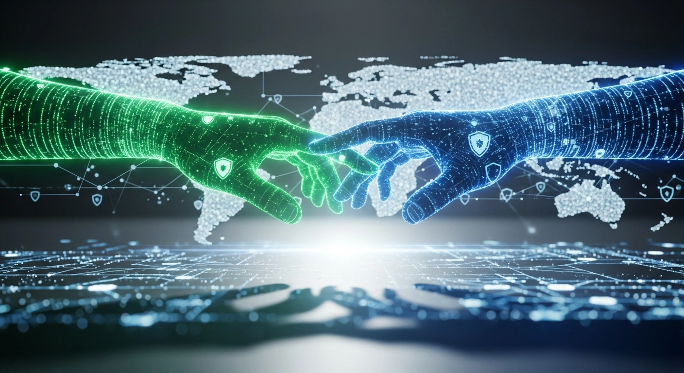 Two glowing digital hands, one emerald green and one sapphire blue, interlock above a shimmering network of digital nodes and data streams, symbolizing the strengthened collaboration between Nigeria and the United States in data privacy, artificial intelligence, and cybersecurity for a secure digital ecosystem.