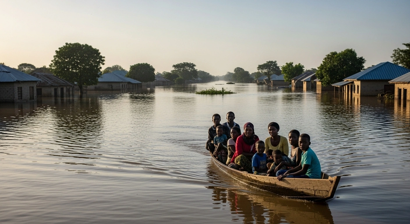 An elevated view captures a Nigerian village partially submerged by extensive floodwaters at dawn, with a small wooden boat carrying a displaced family navigating the murky water, illustrating the widespread flooding and displacement affecting 25 Nigerian states.