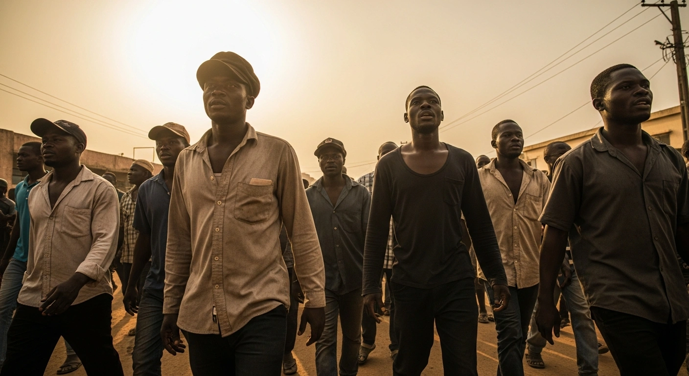 A large group of Nigerian workers marches in a protest to demand the implementation of the 2024 National Minimum Wage Act.