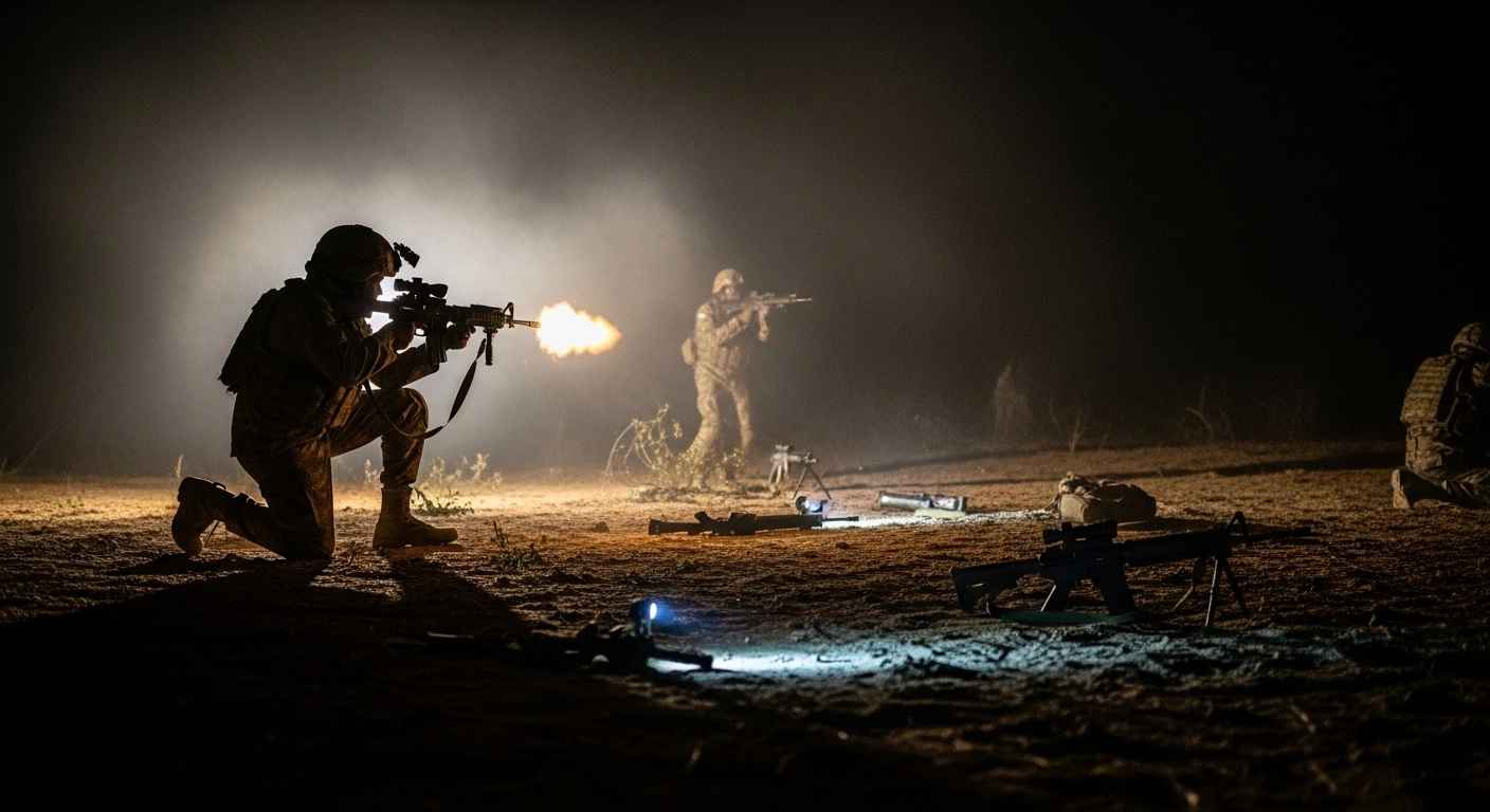 A photorealistic night scene depicts Nigerian Army troops during a successful ambush in Borno State, with a soldier firing a rifle and various recovered weapons and equipment scattered on the ground, illustrating the neutralization of ISWAP terrorists.