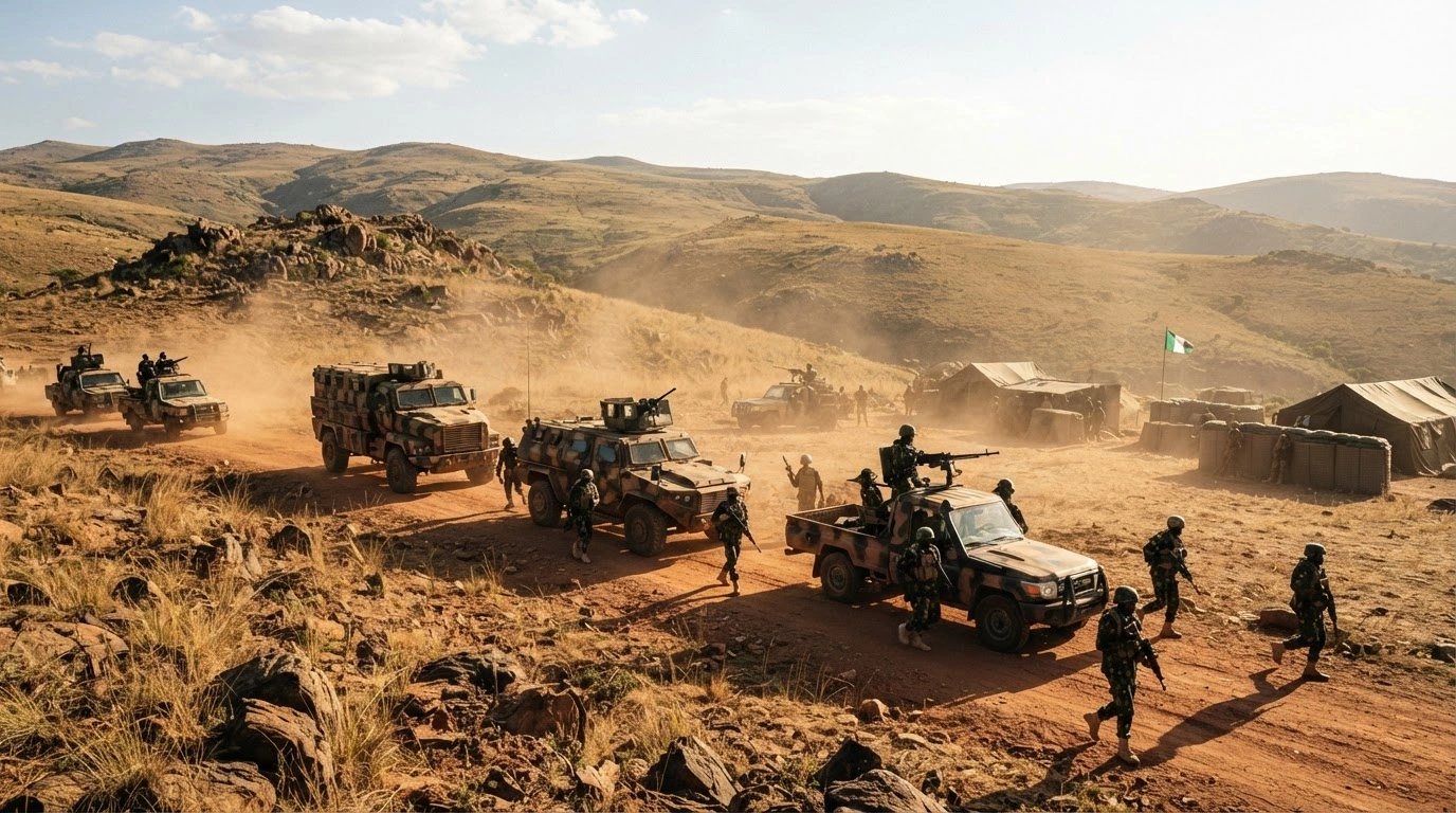 Nigerian Army soldiers and military vehicles arrive at a new tactical headquarters in Mangu, Plateau State, to strengthen security operations.