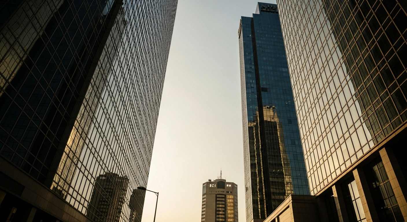 A modern glass skyscraper stands in a Nigerian financial district, representing the successful compliance of banks with new capital requirements.