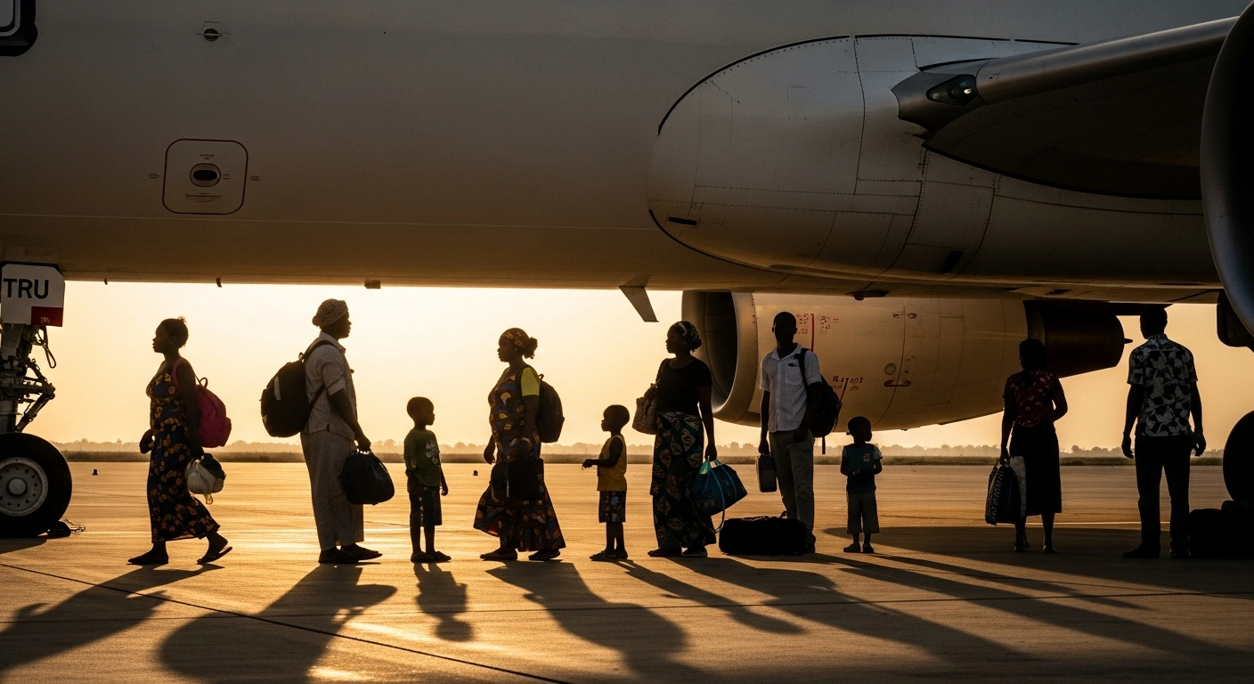Nigerian citizens gather on an airport tarmac to board an Air Peace flight as part of a voluntary evacuation program from South Africa.