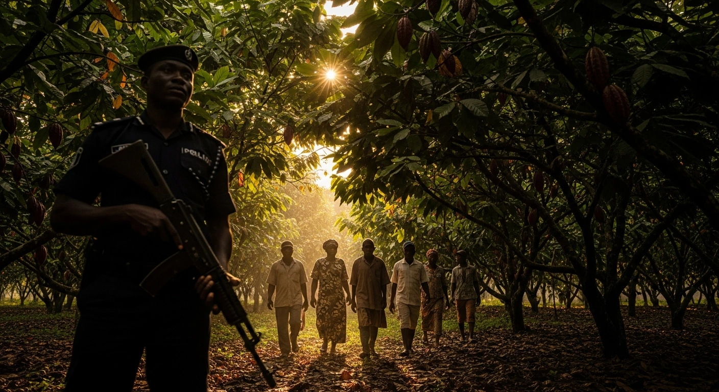 Nigerian security forces successfully rescue kidnapped cocoa farmers in a lush plantation near Ibadan.