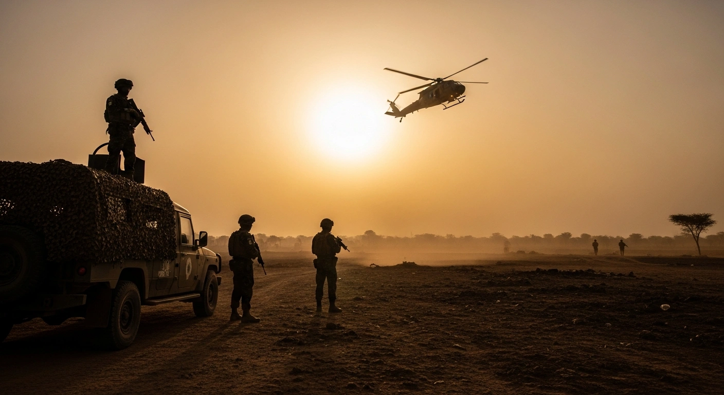Nigerian joint security forces conduct a tactical operation against insurgents in the Borno State landscape with air support overhead.