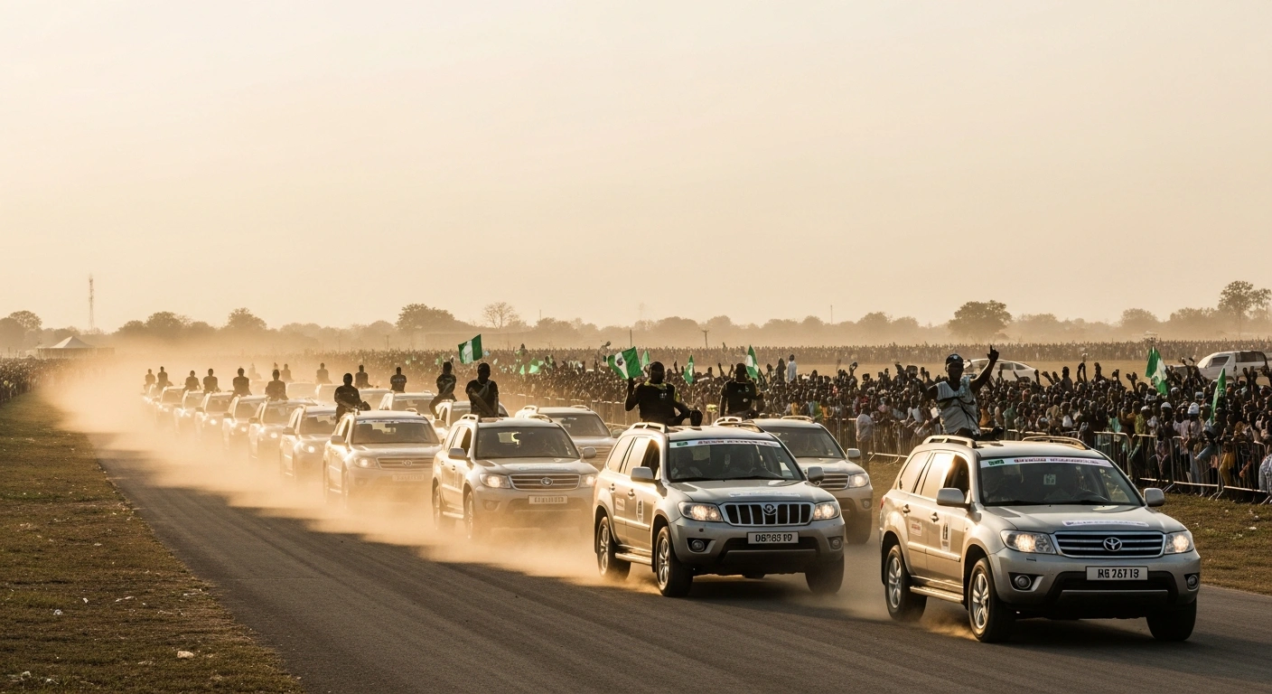 A dynamic, low-angle tracking shot captures a convoy of over 30 locally assembled vehicles speeding across a dusty Nigerian landscape during a cross-country motor rally, part of the 61st Argungu International Fishing and Cultural Festival, symbolizing the Nigerian Federal Government's initiative to boost the automotive industry and foster economic growth.