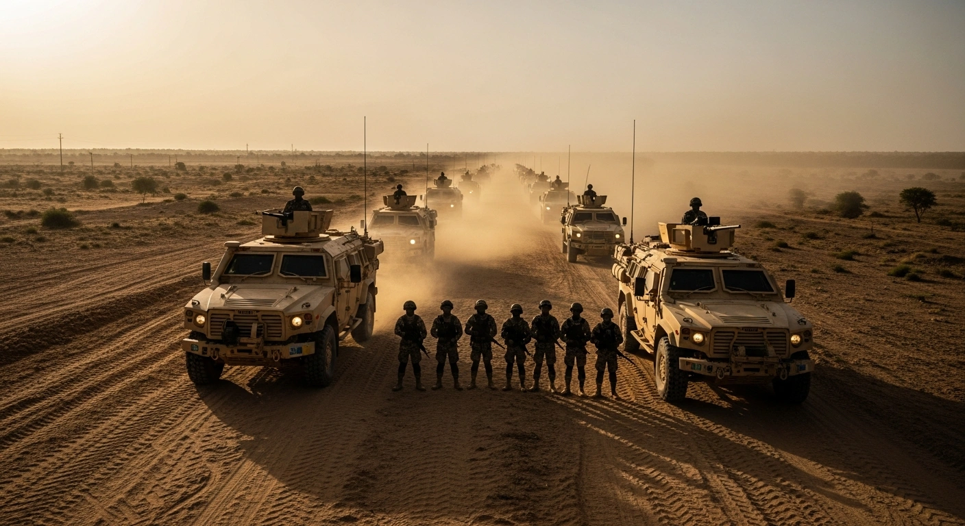 Nigerian soldiers conduct a security operation in the arid landscape of Katsina State to dismantle criminal networks.