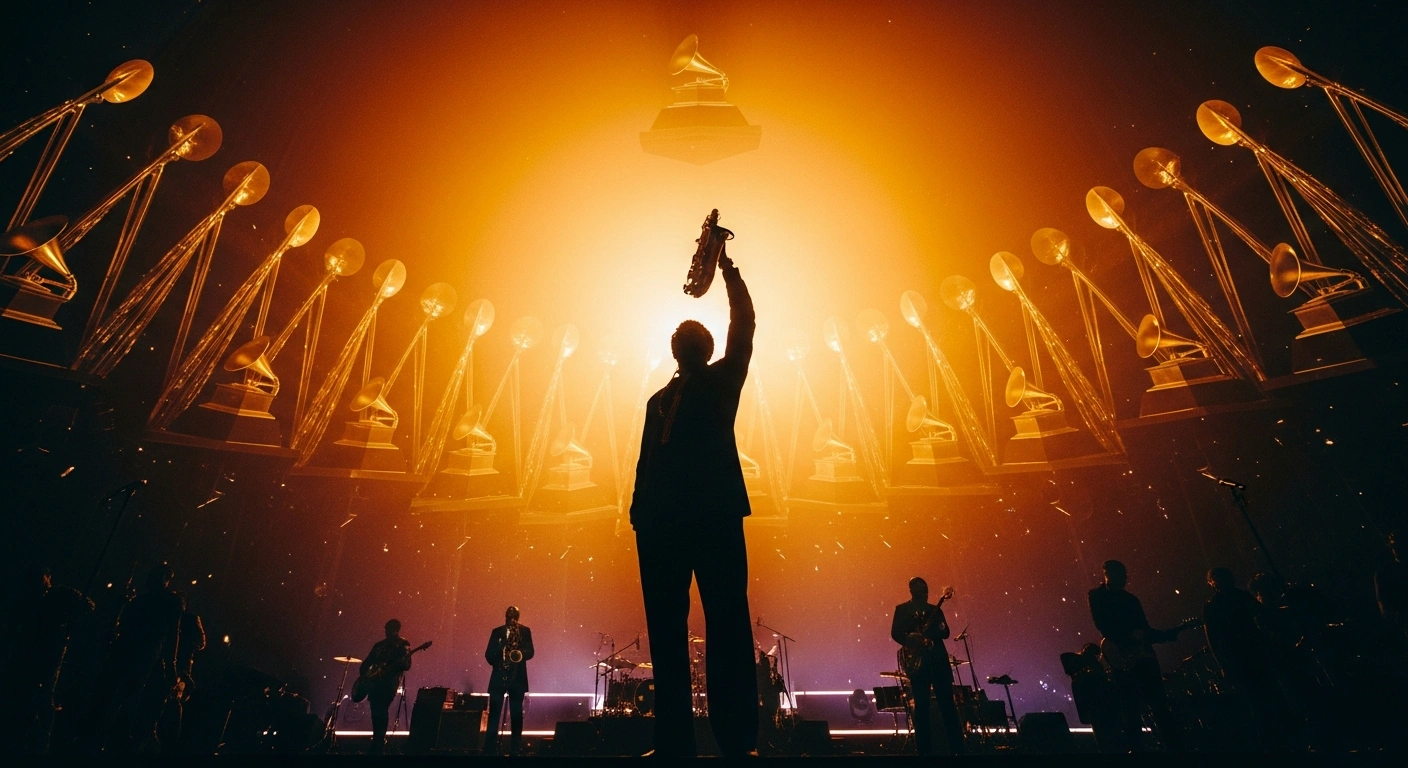 A majestic, translucent silhouette of Afrobeat pioneer Fela Kuti, holding a saxophone, stands before shimmering golden forms representing Grammy statuettes, while a vibrant, blurred foreground suggests the new generation of Nigerian artists celebrating their nominations.