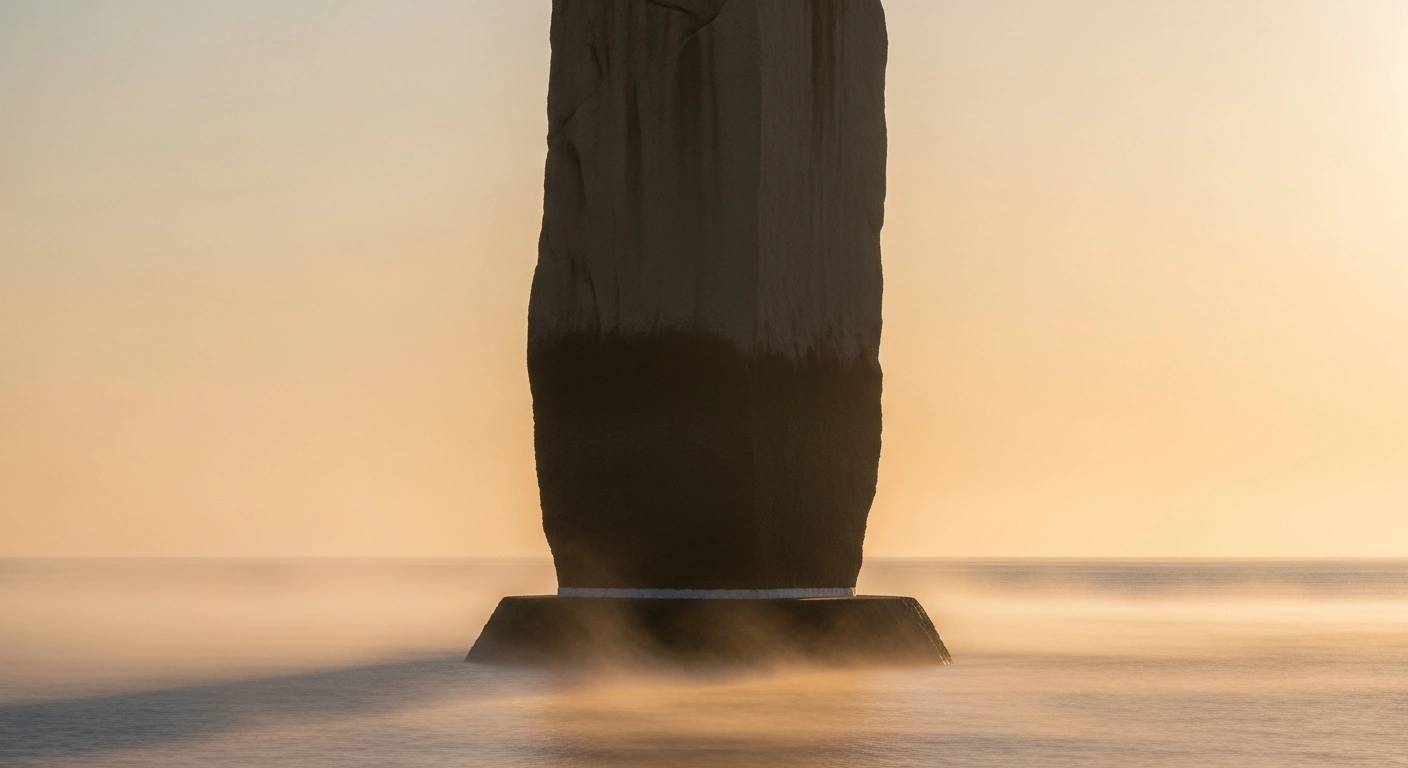 A majestic, ancient-looking stone pillar, perfectly balanced and unyielding, bathed in warm, golden dawn light, stands firm amidst dissipating mist, symbolizing the Nigerian Naira's stability against the US Dollar in the official market, attributed to Central Bank interventions and foreign exchange inflows.