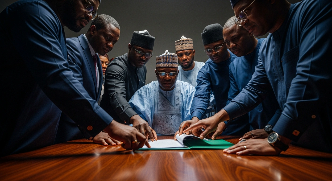 A low-angle shot captures a diverse group of Nigerian opposition leaders, representing parties like the ADC and NNPP, gathered around a heavy wooden table in a dimly lit room, their determined faces highlighted by dramatic lighting as they appear to reject provisions of the Electoral Act 2026 and demand amendments for future elections.