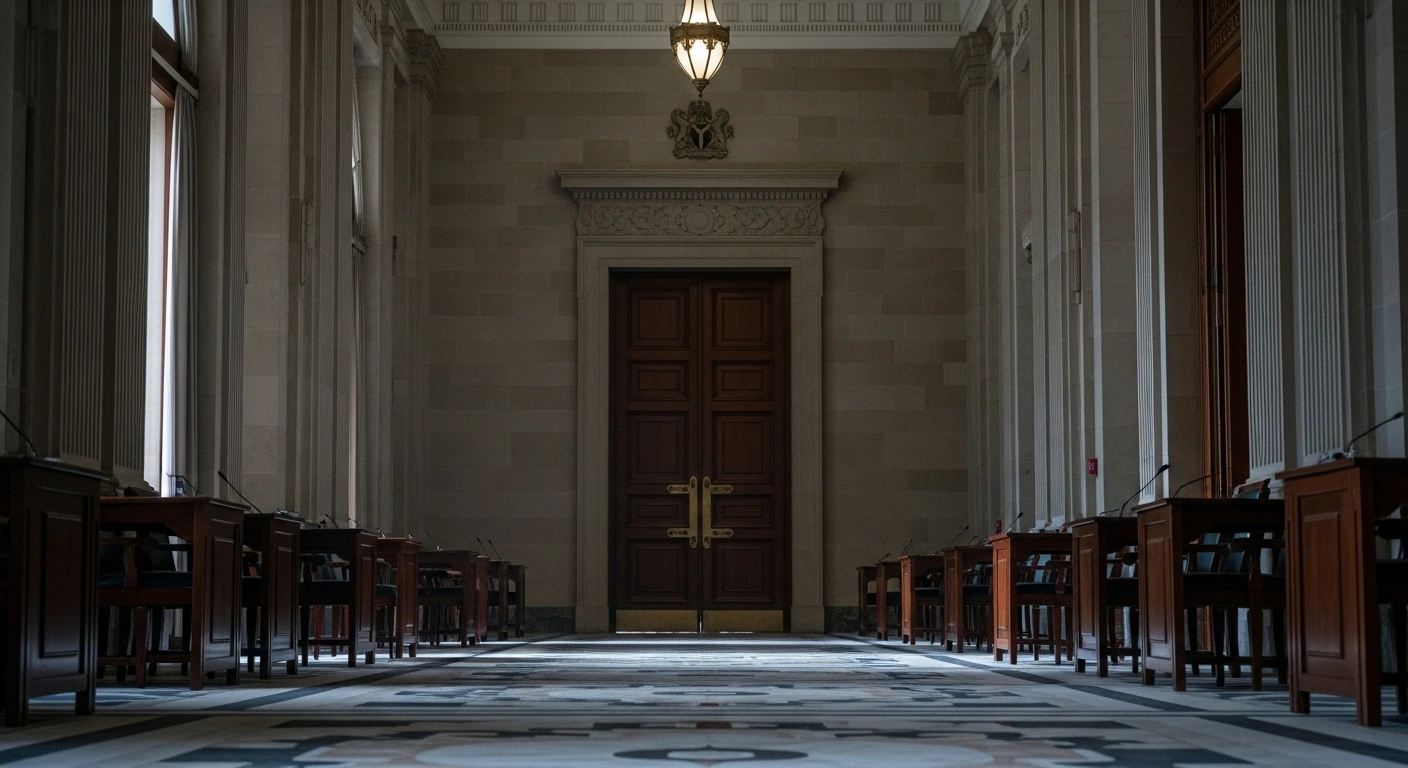 A long, empty corridor in a grand legislative building, bathed in soft, diffused light, symbolizing the Nigerian Senate's decision to postpone its plenary sessions and extend its annual recess, keeping legislative activities on hold.