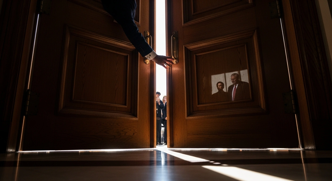 A powerful hand firmly closes a heavy, ornate wooden door, blocking a sliver of light and obscuring indistinct figures, symbolizing the Nigerian Senate's decision to reject mandatory electronic transmission of election results and retain INEC's discretion, drawing widespread criticism for electoral transparency.