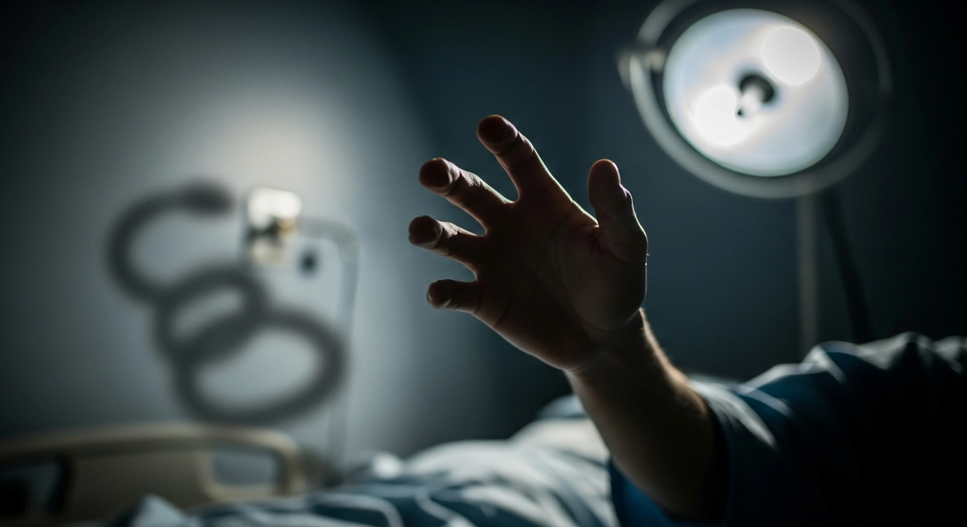A close-up shot shows a delicate hand reaching out under the cold light of a hospital lamp, with a blurred background suggesting medical chaos, symbolizing the tragic death of Nigerian singer Ifunanya Nwangene due to antivenom scarcity and highlighting challenges in Nigeria's healthcare system.
