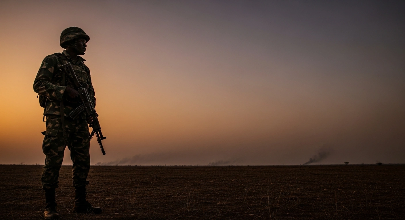A weary Nigerian soldier stands guard at dusk in a desolate scrubland, his rifle clutched tight, symbolizing the 454 soldiers who died in ambushes between 2019 and 2025 amidst Nigeria's worsening security crisis driven by insurgent and bandit groups.